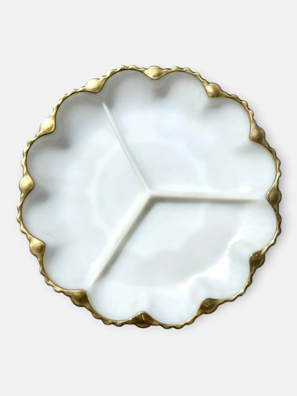 Vintage Anchor Hocking Milk Glass Relish Tray 22K Gold Trim Mid-Century Modern